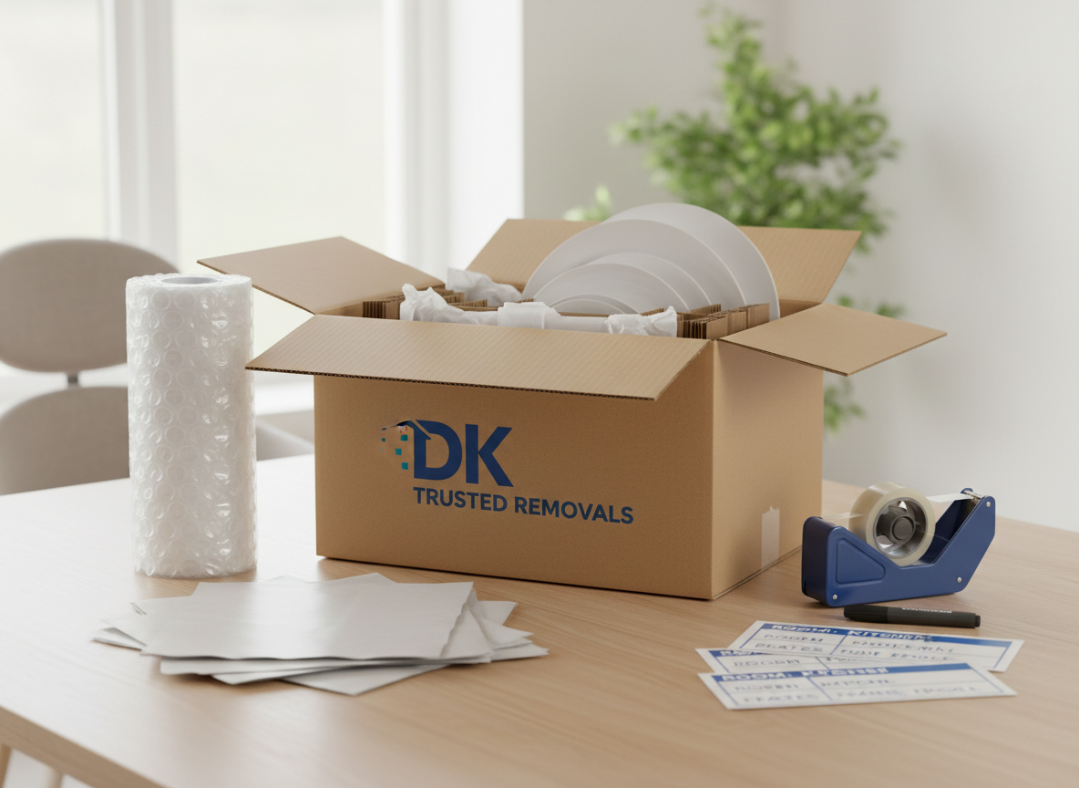 A close-up, detailed view of an open packing workstation set up in a bright, uncluttered room, showcasing DK Trusted Removals’ attention to materials and care. A large, partially filled cardboard box sits on a clean table, containing delicately wrapped white plates separated by corrugated dividers. Surrounding it are neatly rolled bubble wrap, stacks of unblemished packing paper, a quality tape dispenser, and a permanent marker resting beside pre-printed room and contents labels. Soft, diffused daylight from a nearby window gently illuminates the scene, creating subtle textures on the paper and cardboard without harsh glare. The composition uses a shallow depth of field, keeping the main box and materials in sharp focus while the background fades into a gentle blur. The atmosphere feels methodical, careful, and reliable, rendered in realistic, modern, professional photographic style.