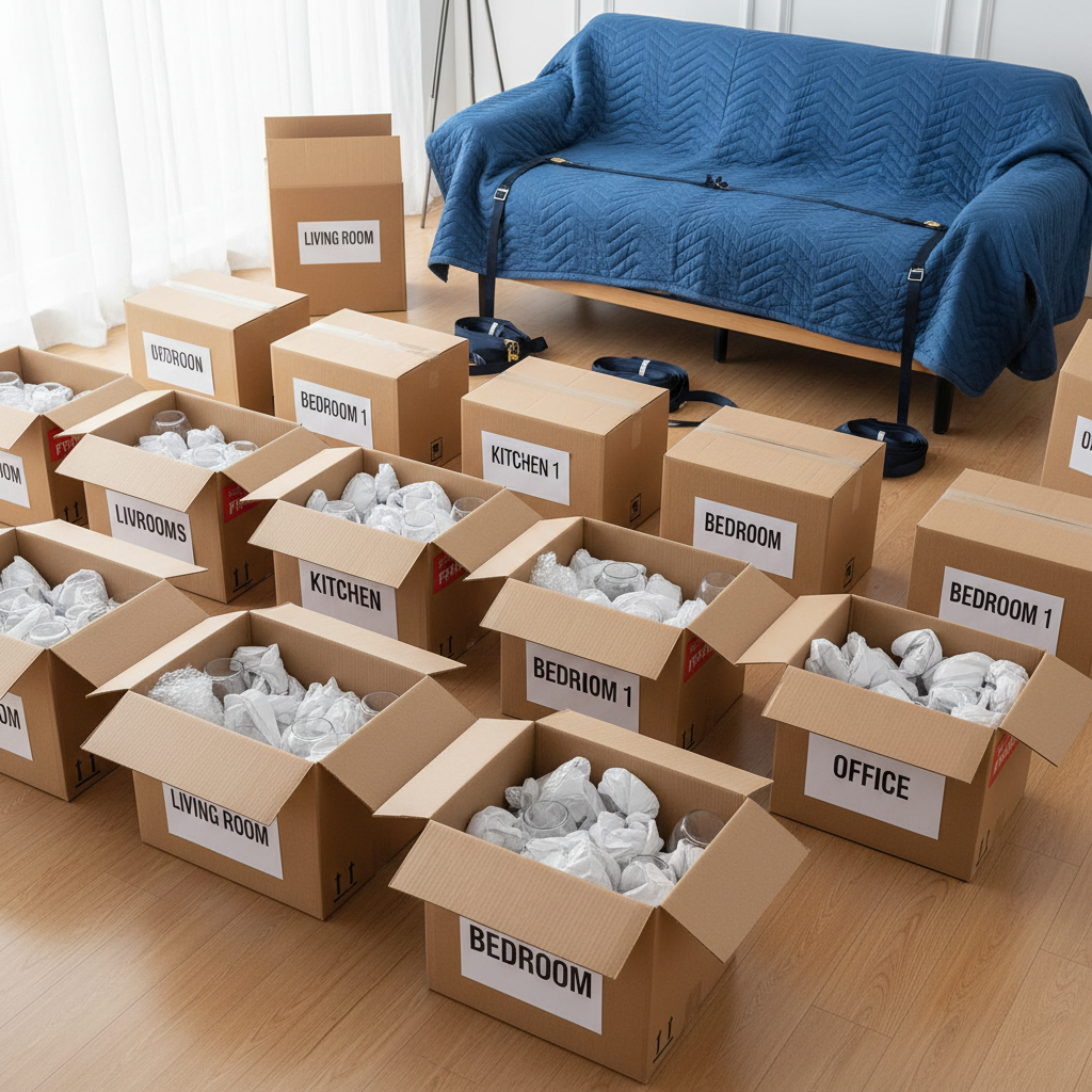 A meticulously packed living room scene where sturdy, high-quality cardboard boxes of varying sizes are arranged in organized rows on a spotless wooden floor. Each box has clearly printed, easy-to-read room labels and fragile stickers, and some are open to reveal neatly wrapped glassware in white packing paper and bubble wrap. In the background, a disassembled sofa frame is carefully wrapped in thick, blue quilted moving blankets, with secure ratchet straps coiled nearby. Diffused daylight from a large unseen window creates soft, even illumination, reducing harsh contrasts and casting gentle shadows under the boxes. Captured from a slightly elevated, wide-angle perspective for a comprehensive view, the atmosphere feels orderly, efficient, and trustworthy, reflecting professional packing services in photographic realism with a clean, contemporary look.