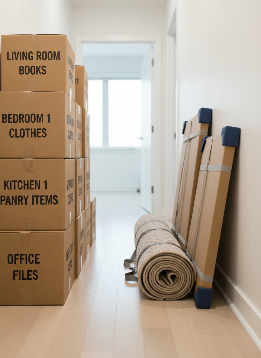 A compact, well-organized hallway in a modern apartment, lined on one side with uniformly sized, closed moving boxes stacked to a safe and practical height. Each box has bold, legible black marker labels indicating room and contents. On the floor beside them sit rolled-up area rugs neatly tied with reusable straps, and a small collection of carefully wrapped picture frames leaning against the wall, protected by thick corner guards. Overcast natural light filters in from an adjacent room, creating a soft, neutral tone with minimal shadow. The camera is positioned at eye level down the length of the hallway, using a moderate depth of field to keep foreground and midground sharply in focus. The scene communicates calm preparation and organized transition, with a professional, photographic realism aesthetic perfect for illustrating stress-free local moves.