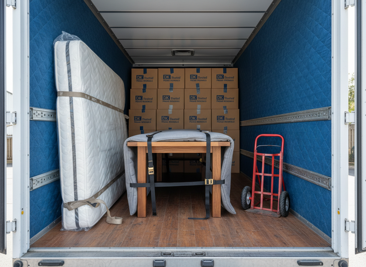 The interior cargo space of a large moving vehicle belonging to DK Trusted Removals, shown from the open rear doors looking inward. The wooden floor is spotless, and the walls are lined with metal anchor rails and clean protective padding. Inside, a variety of household items are expertly arranged: a wrapped mattress standing upright, a fully padded wooden dining table secured with heavy-duty straps, and stacks of uniformly sized boxes forming stable columns. A sturdy wheeled dolly rests near the entrance, ready for use. Cool natural light from outside streams in through the open doors, illuminating the interior and creating subtle highlights on metal fixtures. Shot with a wide-angle lens and sharp focus to emphasize order and space, the mood is highly professional, secure, and efficient, in crisp photographic realism.
