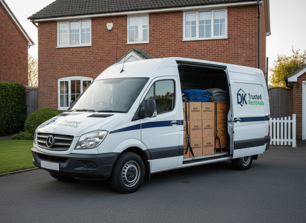 A spotless, medium-sized moving van with the DK Trusted Removals logo clearly printed on the side, parked neatly in front of a well-kept suburban brick house with a tidy driveway and trimmed hedges. The van’s rear doors are open, revealing neatly stacked, uniformly labeled cardboard boxes, clean moving blankets, and securely strapped furniture. Soft late-morning natural light illuminates the white van panels, creating gentle reflections and crisp but not harsh shadows on the driveway. The composition is eye-level and slightly angled from the front corner of the van, with sharp focus throughout to convey clarity and trustworthiness. The mood is professional, calm, and reassuring, with photographic realism and a clean, modern aesthetic suitable for a local removals business homepage hero image.