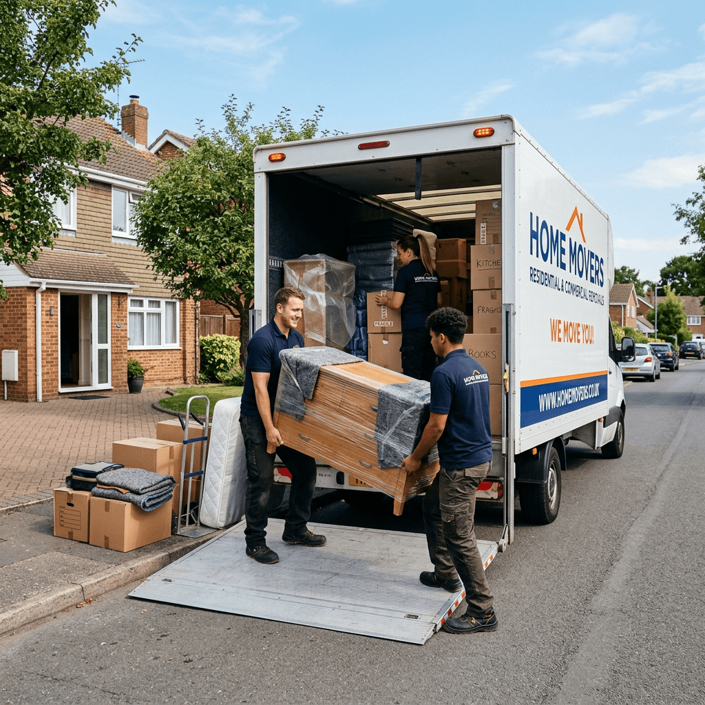 Three movers carrying wrapped furniture into a moving truck with packed boxes inside