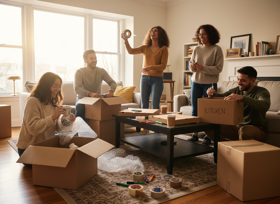 Wide cinematic photograph of a professional removals scene: neatly stacked moving boxes and a clean modern van interior, soft natural daylight, muted neutral tones, shallow depth of field, minimal and calm professional atmosphere. No text, no faces. Editorial, high-end feel suitable for a dark overlay with white heading text.