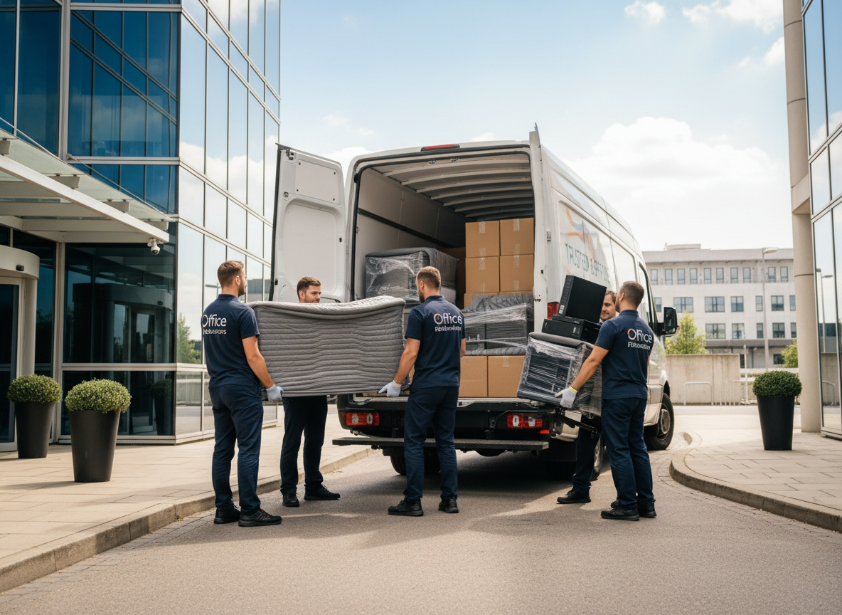 Professional office removal workers carefully loading office furniture, desks, and equipment into a removal van outside a modern office building.